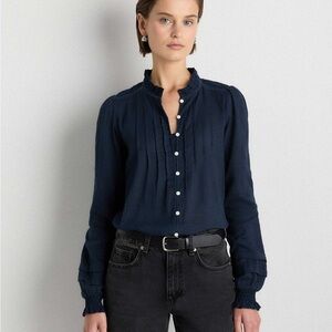 Quince | Organic Textured Cotton Peasant Blouse in navy blue Size Large